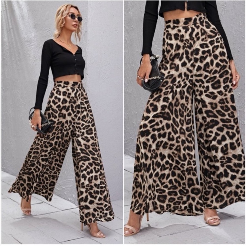 Boho Plus Size Leopard Print Wide Leg Palazzo Pan… - image 1
